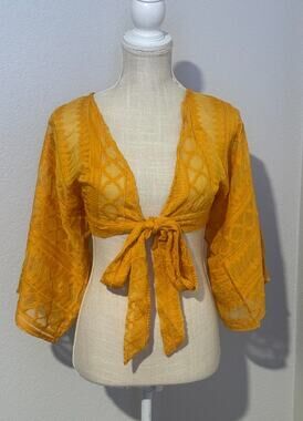 Fanco Boho Chic Tie Front Crop Top Mustard Yellow Lace Bell Sleeve Festival - M